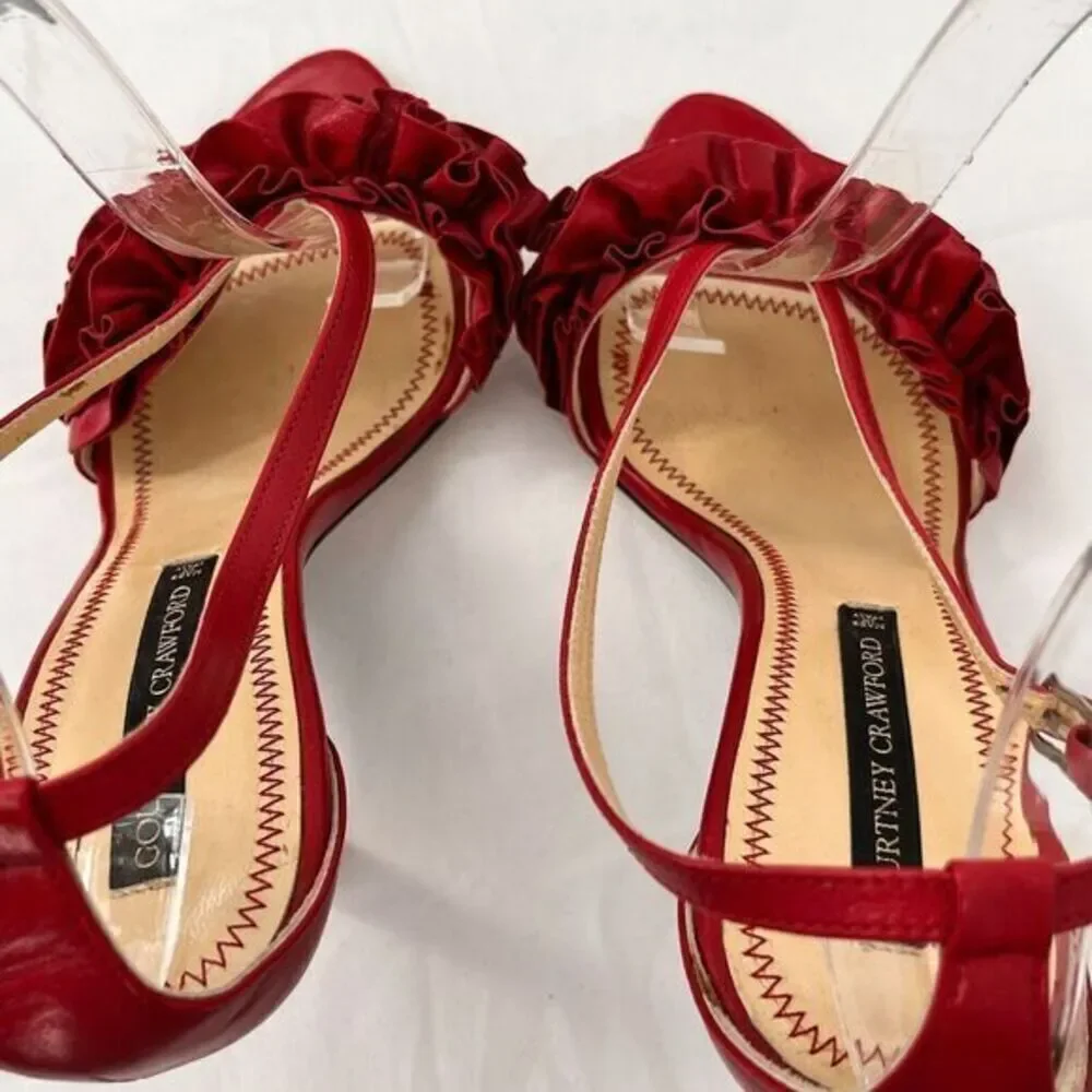 Courtney‎ Crawford Ruffle Leather Strappy Heels Sandals Red 38.5 (8) Made Italy